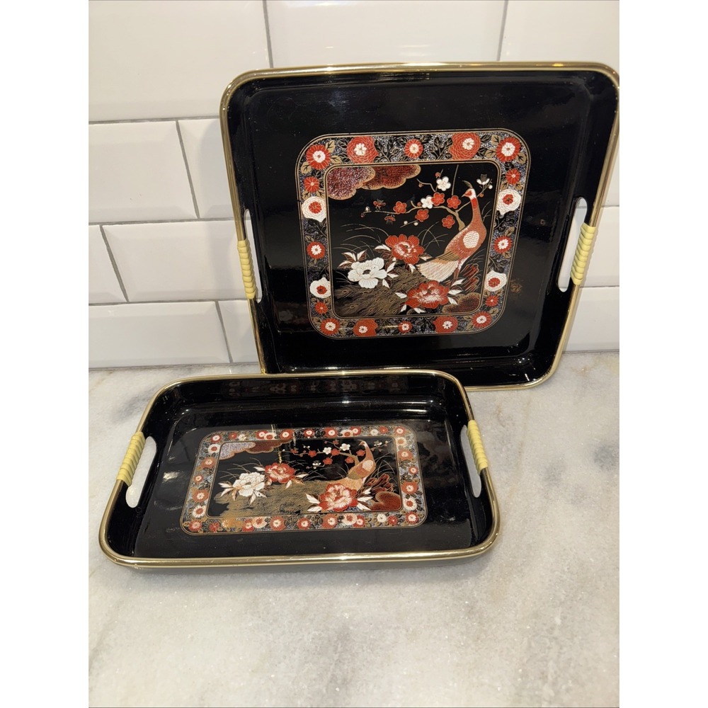 Vintage 2 Piece Lacquerware Tray Set Japan Gold‎ Accent Peacock Flower RedGW993